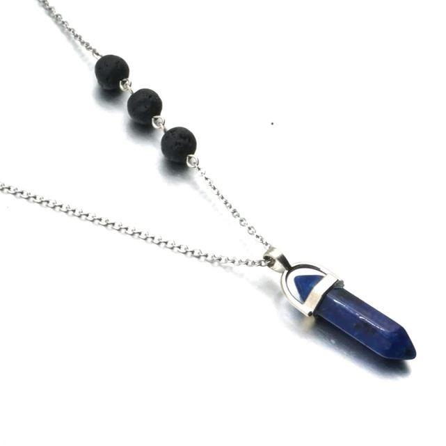 Sodalite Dark Blue Crystal Lava Stone Necklace with essential oil drops, showcasing its unique design and colors.