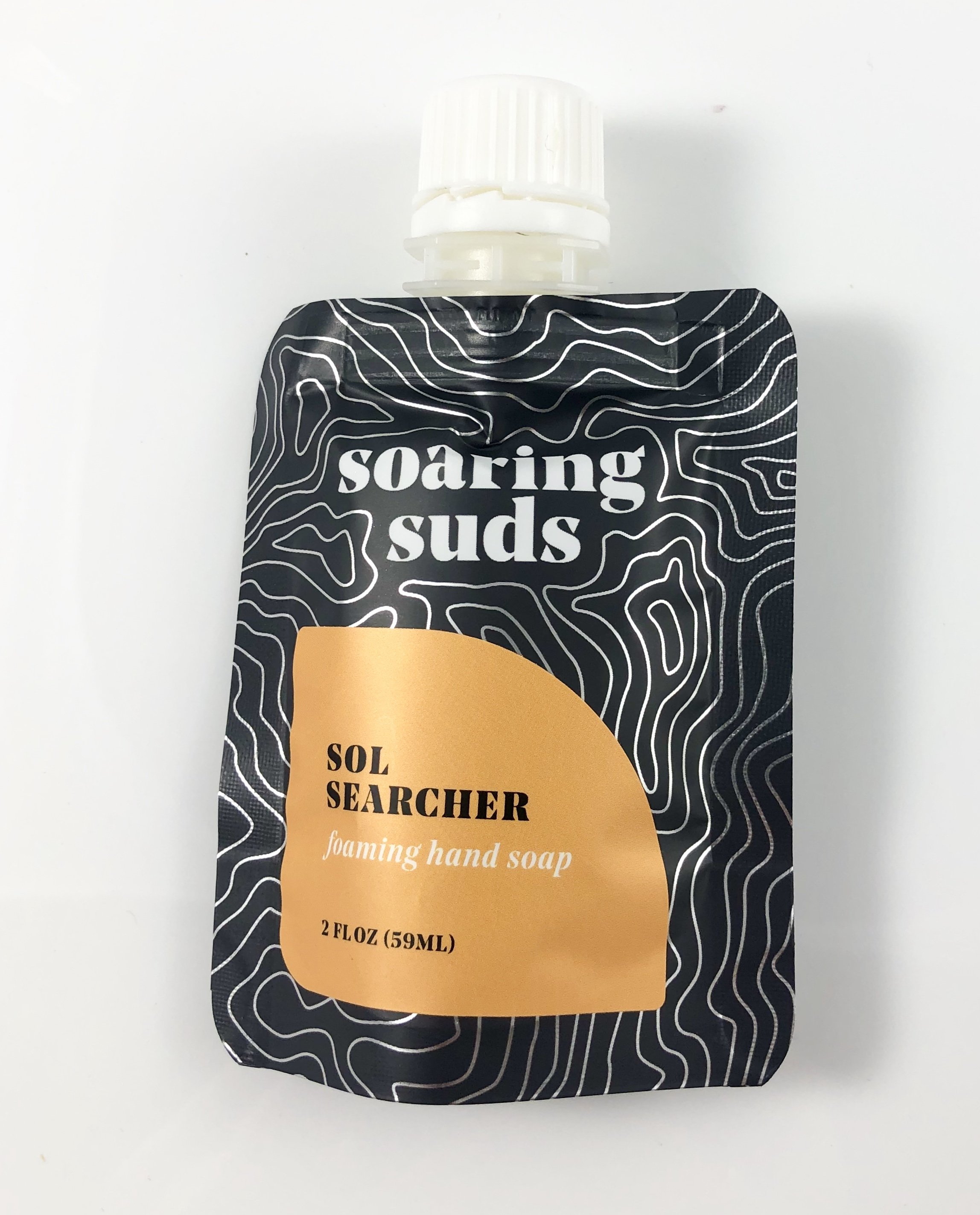 Sol Searcher Liquid Hand Soap Refill pack featuring organic coconut and olive oil ingredients for moisturizing hand washing.