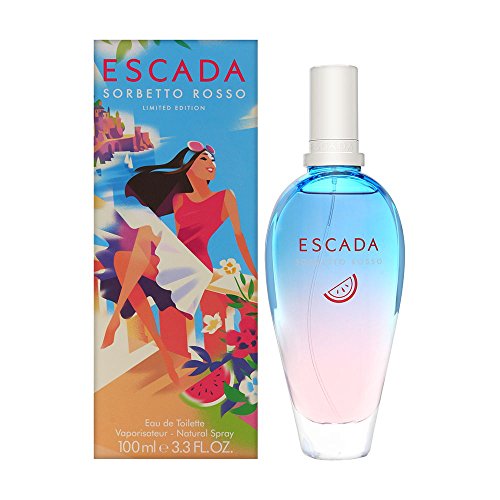 Escada Sorbetto Rosso Eau de Toilette in a stylish bottle with vibrant colors, evoking a refreshing summer fragrance.