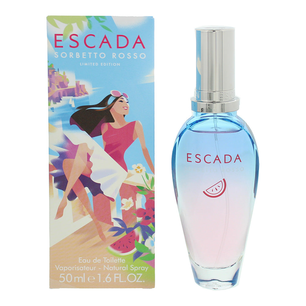 Escada Sorbetto Rosso Eau de Toilette in a stylish bottle with vibrant colors, evoking a refreshing summer fragrance.