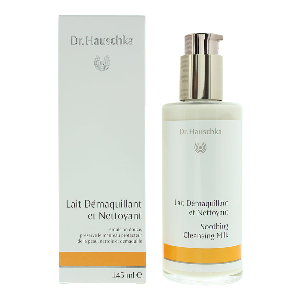 Dr. Hauschka Soothing Cleansing Milk bottle with a creamy texture, ideal for sensitive skin.