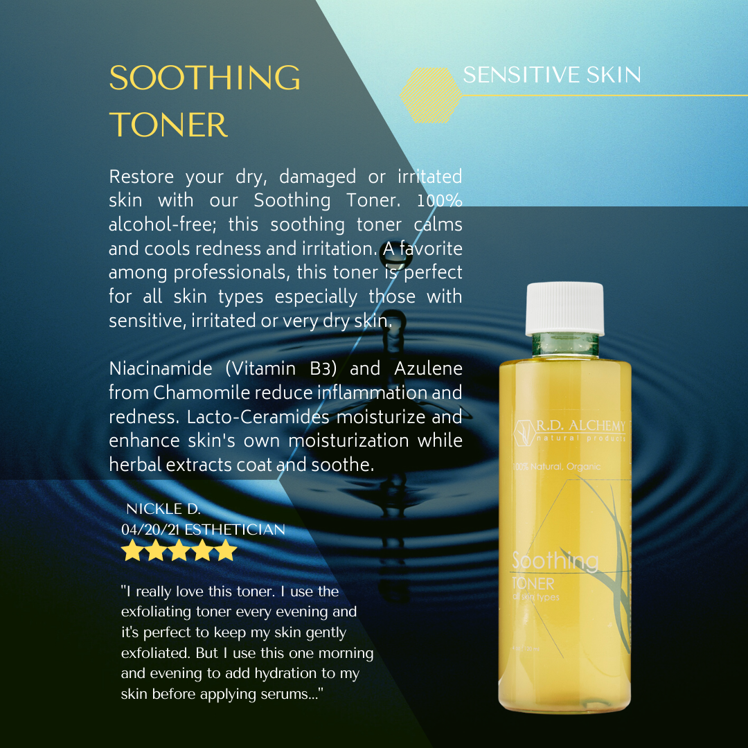 A bottle of Soothing Toner designed for sensitive skin, featuring a sleek design and a calming label.