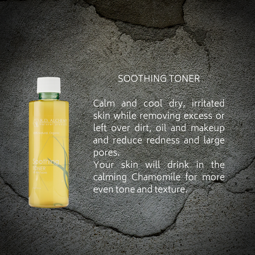 A bottle of Soothing Toner designed for sensitive skin, featuring a sleek design and a calming label.