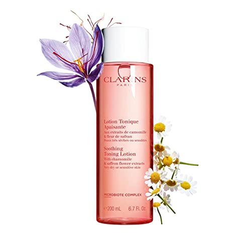 Bottle of Clarins Soothing Toning Face Lotion with a sleek design, perfect for sensitive skin care.