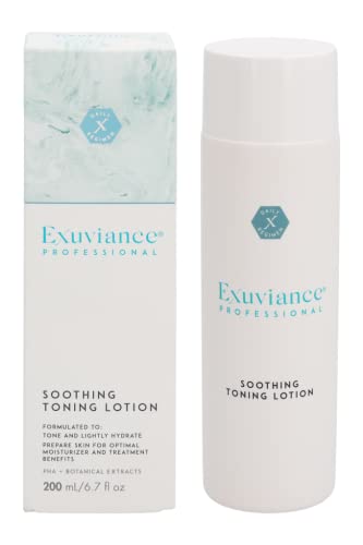 Exuviance Soothing Toning Face Lotion bottle with a sleek design, perfect for all skin types.