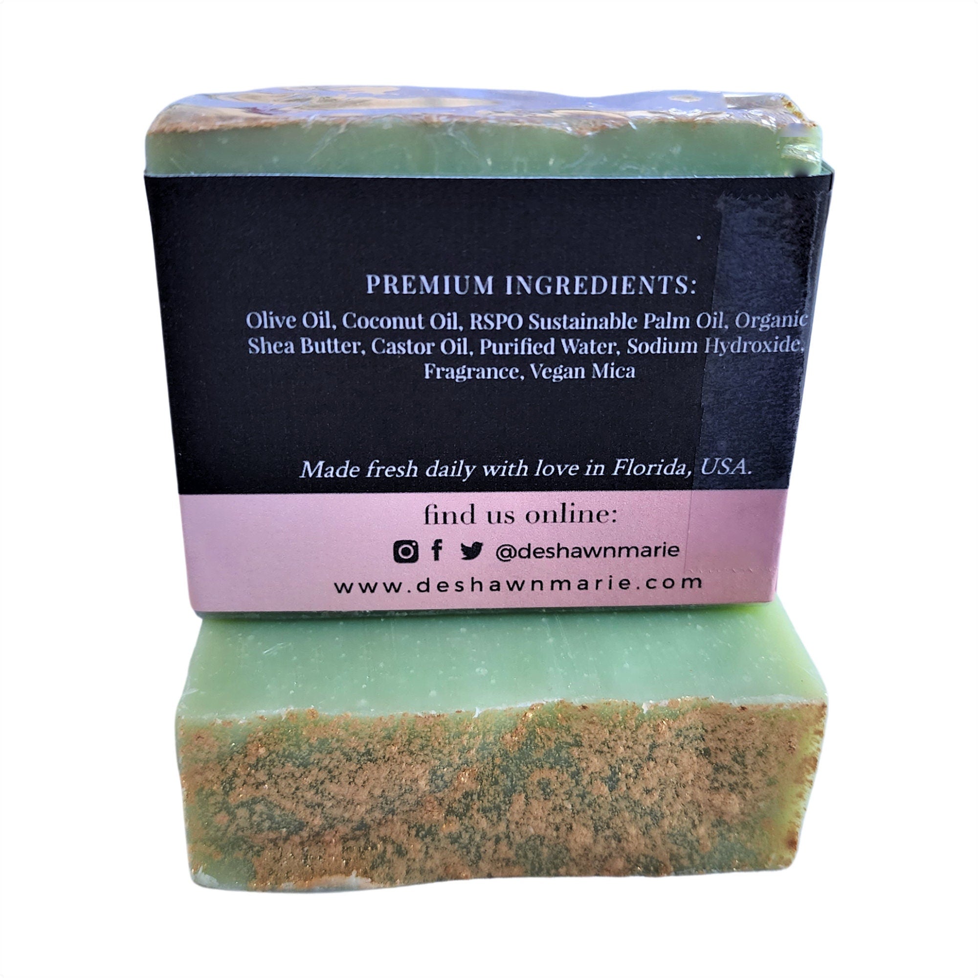 Green handmade soap with ingredient list.