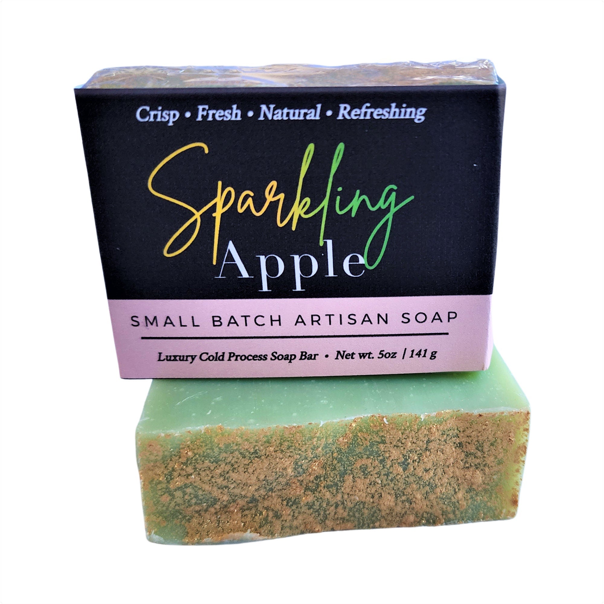 Green artisan soap labeled "Sparkling Apple".