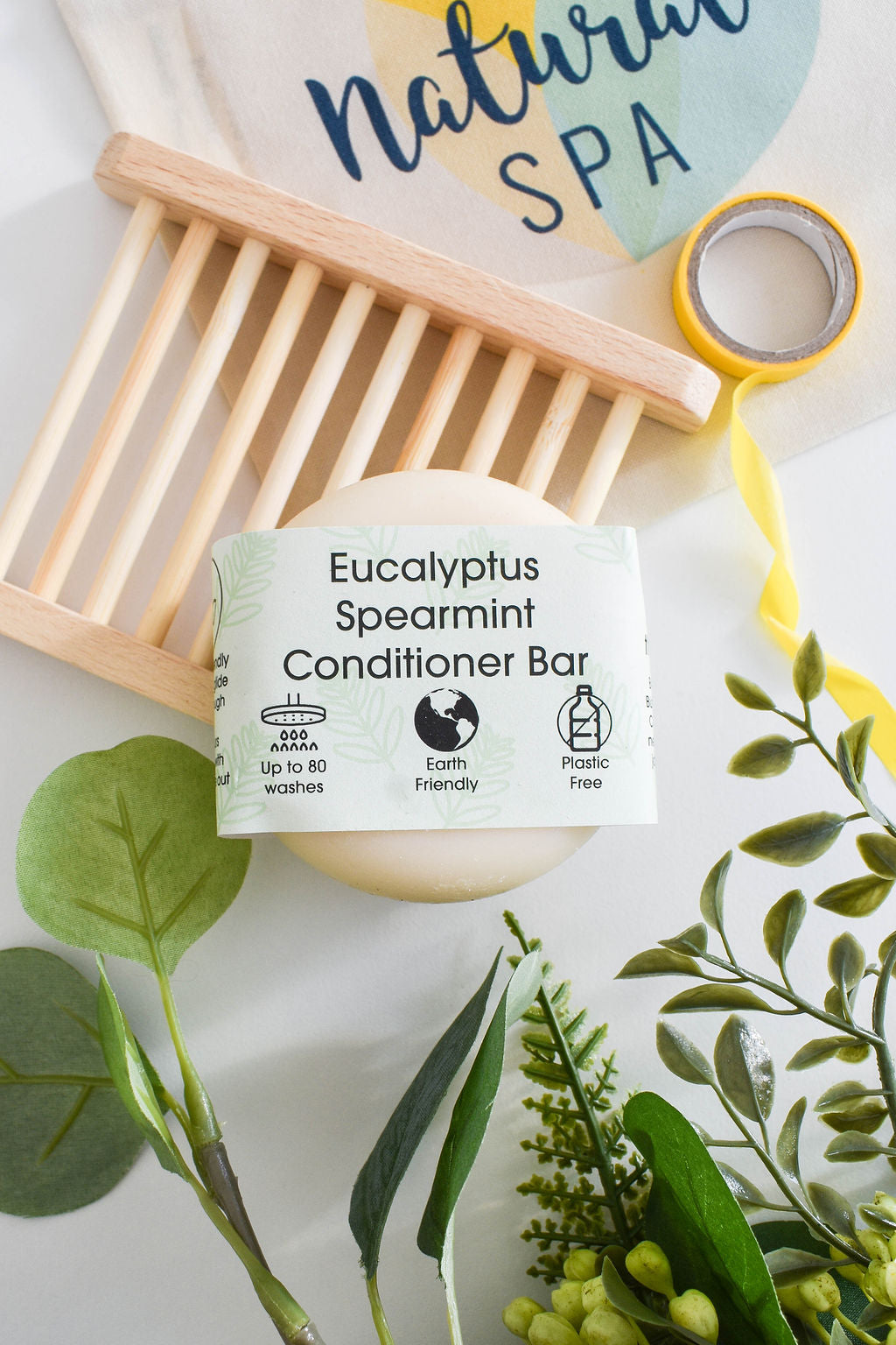 Spearmint and Eucalyptus Solid Conditioner bar, eco-friendly and plastic-free, showcasing its unique design and natural ingredients.