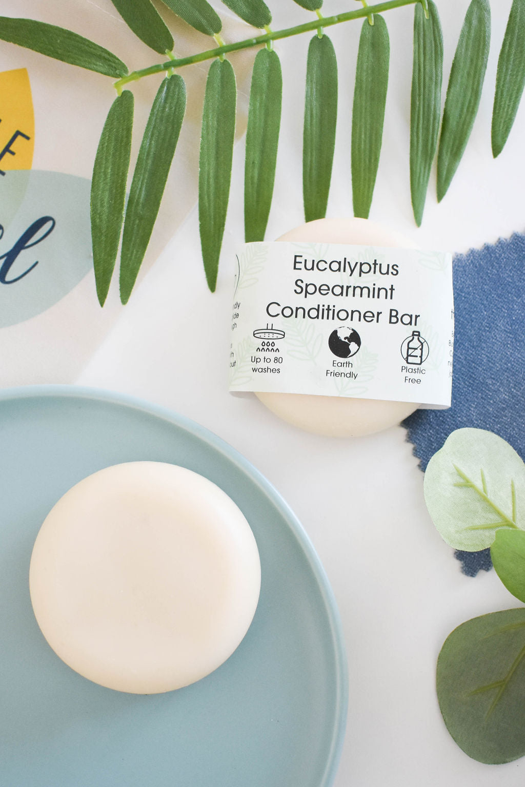 Spearmint and Eucalyptus Solid Conditioner bar, eco-friendly and plastic-free, showcasing its unique design and natural ingredients.