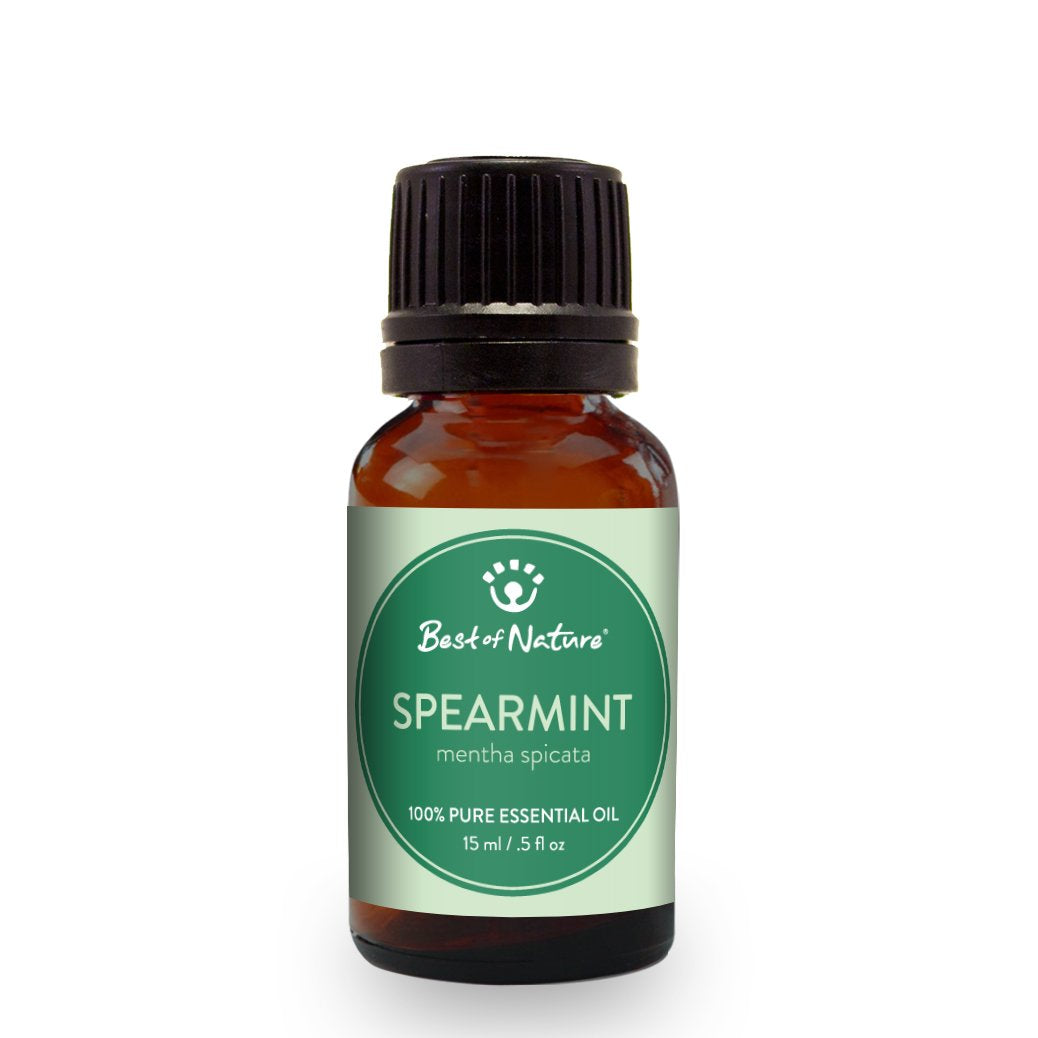 A bottle of 100% pure Spearmint Essential Oil with fresh spearmint leaves in the background.