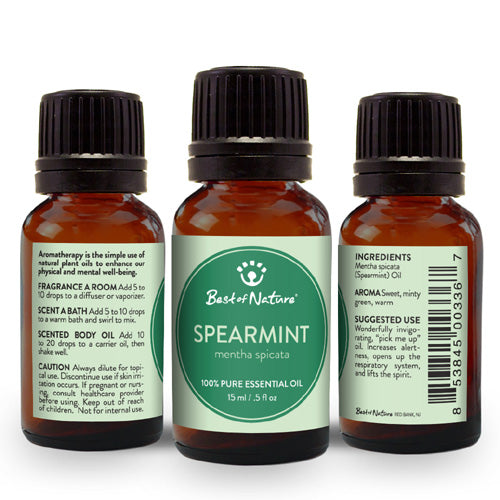 A bottle of 100% pure Spearmint Essential Oil with fresh spearmint leaves in the background.