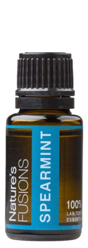 15ml bottle of Spearmint Pure Essential Oil with a fresh mint leaf background, showcasing its natural essence.