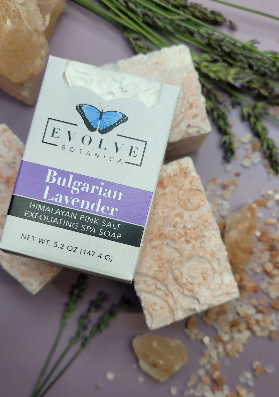 A beautifully crafted Bulgarian Lavender Salt Bar soap with Himalayan pink salt, showcasing its rich texture and lavender color.