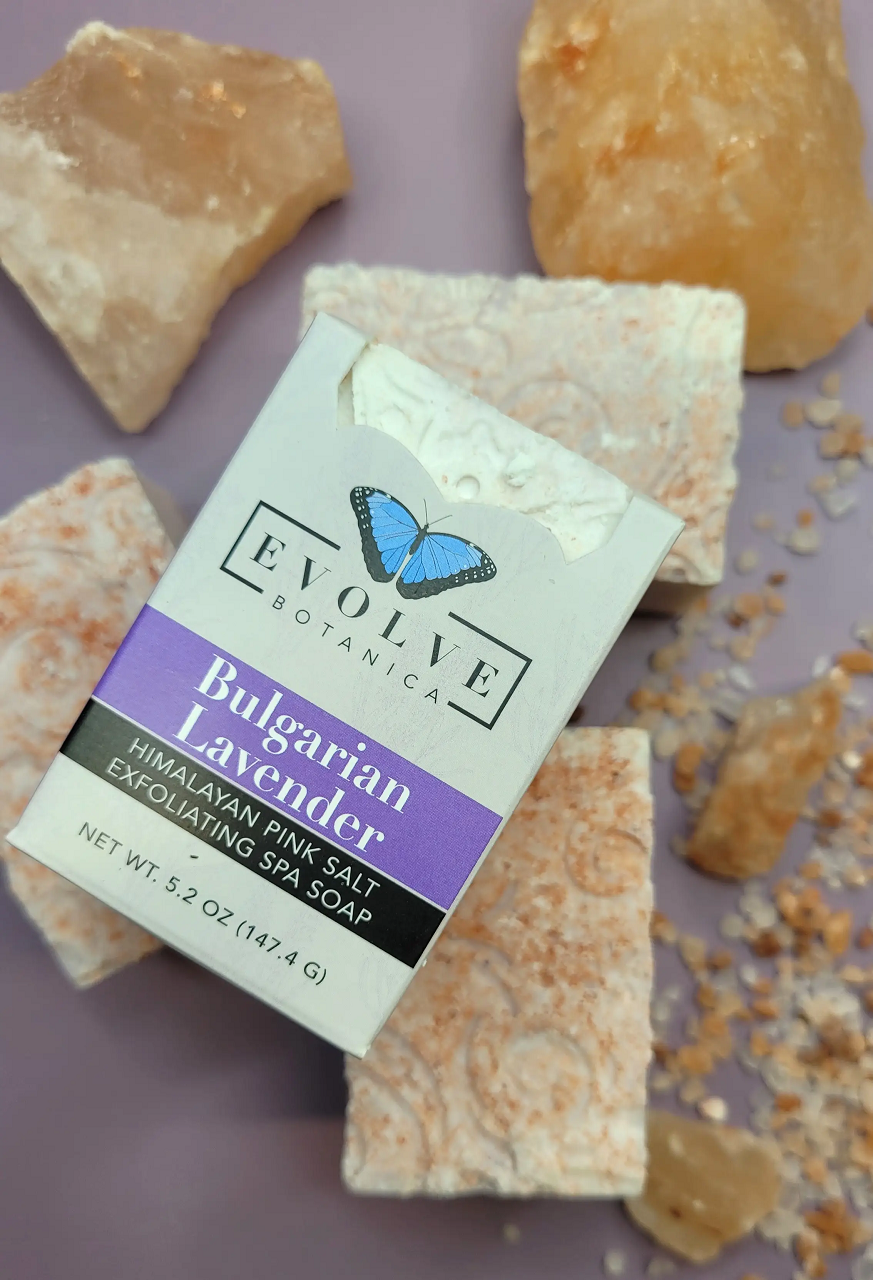 A beautifully crafted Bulgarian Lavender Salt Bar soap with Himalayan pink salt, showcasing its rich texture and lavender color.