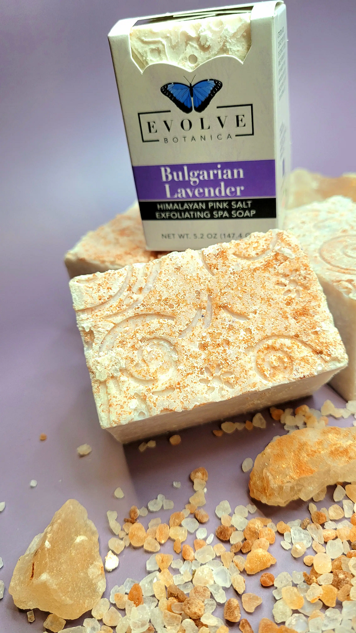 A beautifully crafted Bulgarian Lavender Salt Bar soap with Himalayan pink salt, showcasing its rich texture and lavender color.