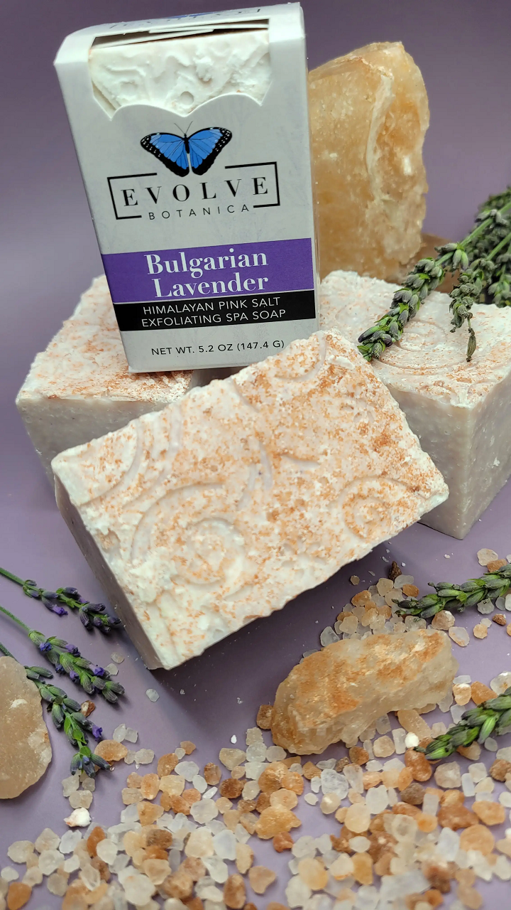 A beautifully crafted Bulgarian Lavender Salt Bar soap with Himalayan pink salt, showcasing its rich texture and lavender color.