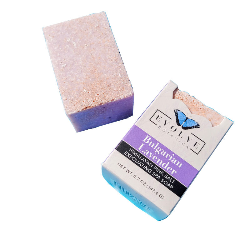 A beautifully crafted Bulgarian Lavender Salt Bar soap with Himalayan pink salt, showcasing its rich texture and lavender color.