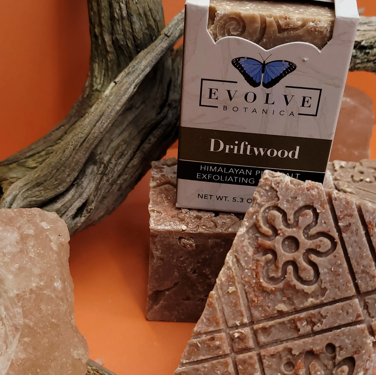 Driftwood Salt Bar soap with Himalayan pink salt and coconut oil, showcasing its creamy texture and natural ingredients.