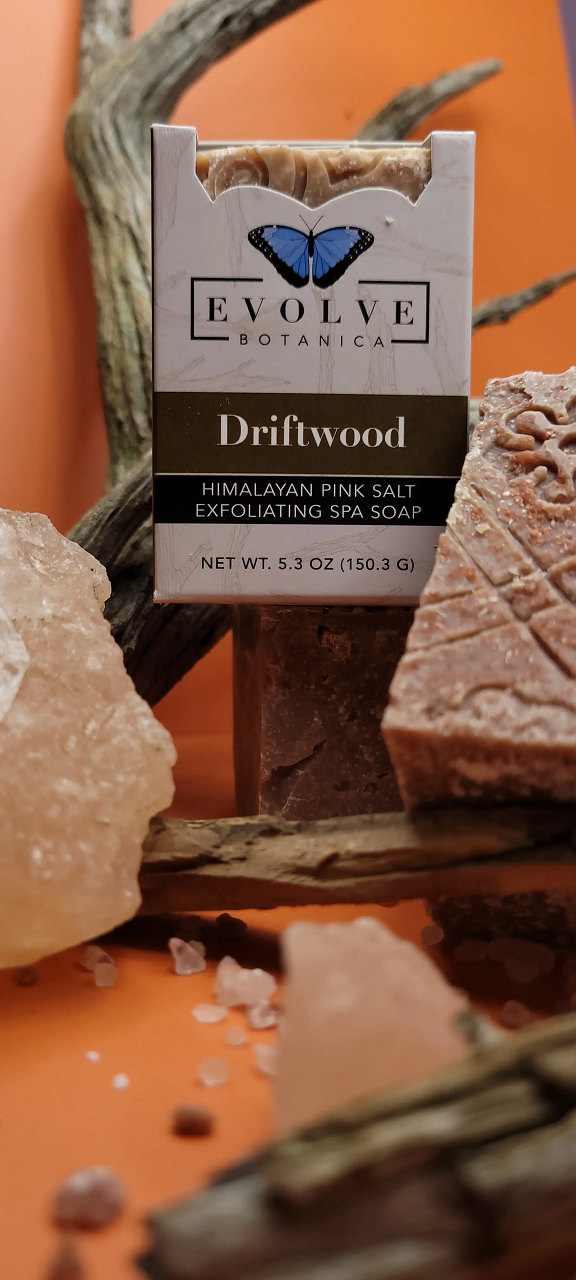 Driftwood Salt Bar soap with Himalayan pink salt and coconut oil, showcasing its creamy texture and natural ingredients.