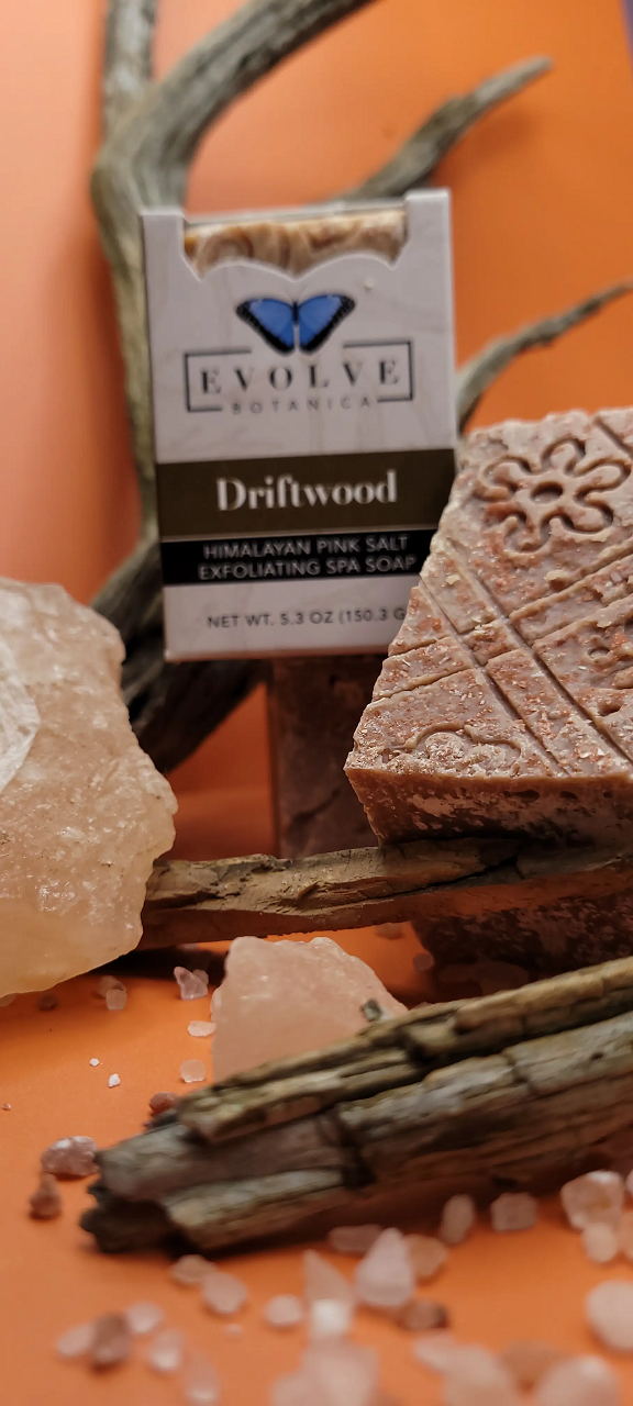 Driftwood Salt Bar soap with Himalayan pink salt and coconut oil, showcasing its creamy texture and natural ingredients.