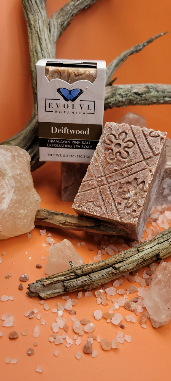 Driftwood Salt Bar soap with Himalayan pink salt and coconut oil, showcasing its creamy texture and natural ingredients.