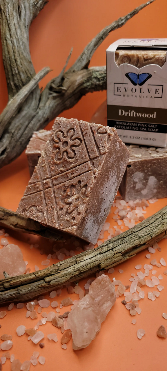 Driftwood Salt Bar soap with Himalayan pink salt and coconut oil, showcasing its creamy texture and natural ingredients.