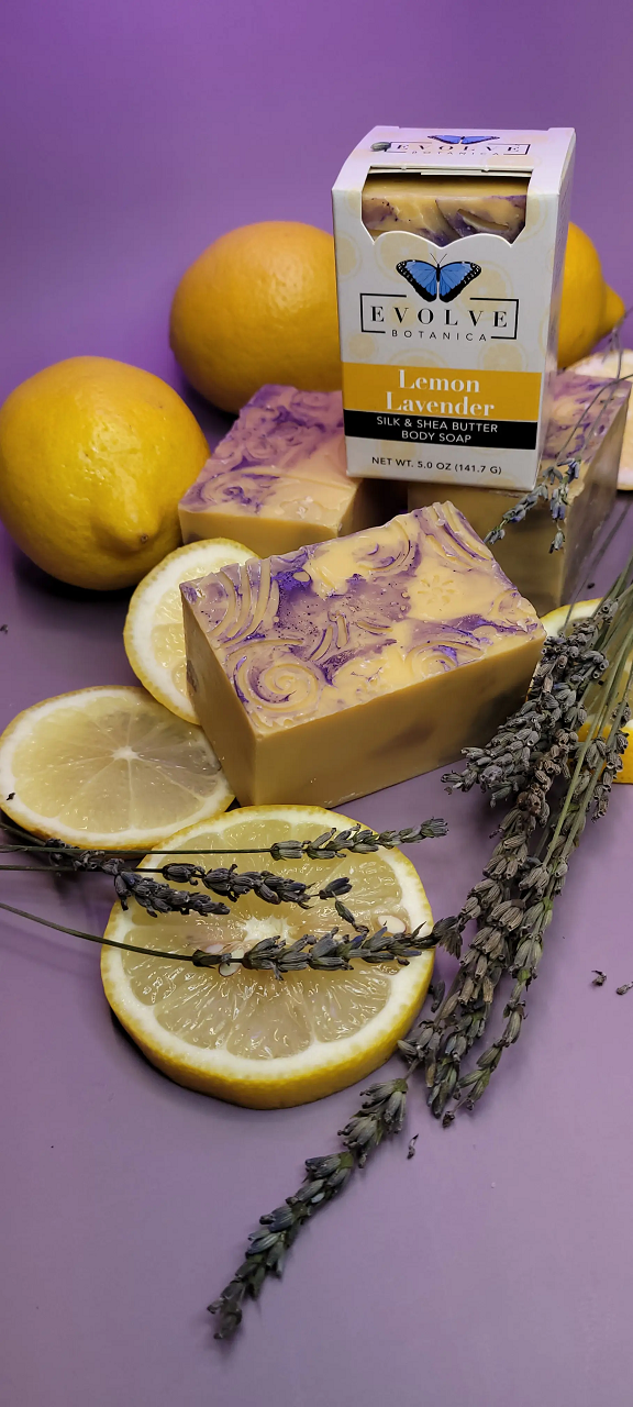 Lemon Lavender Silk soap bar with tussah silk fibers and shea butter, featuring a fresh lemon and lavender design.