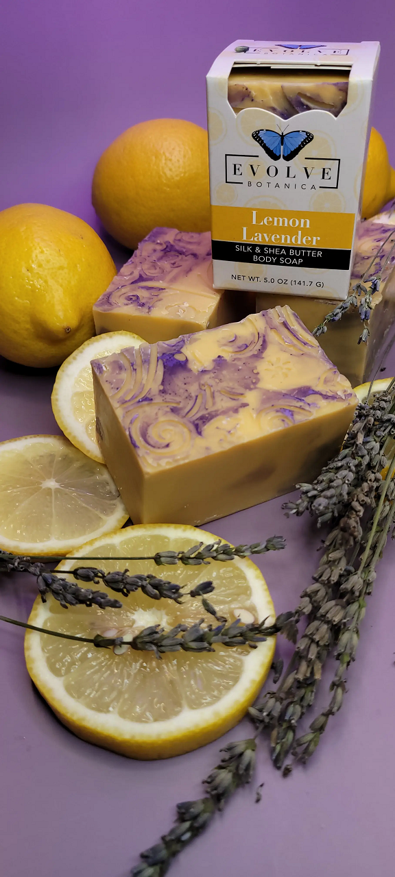 Lemon Lavender Silk soap bar with tussah silk fibers and shea butter, featuring a fresh lemon and lavender design.