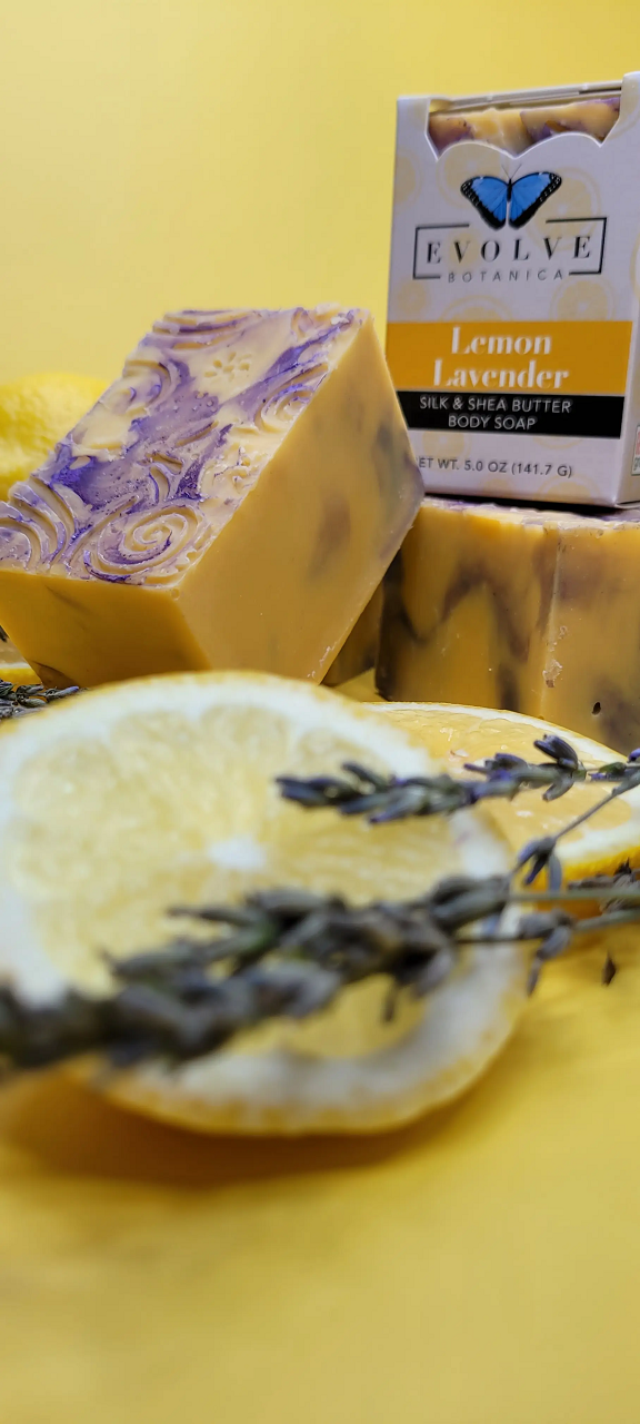 Lemon Lavender Silk soap bar with tussah silk fibers and shea butter, featuring a fresh lemon and lavender design.