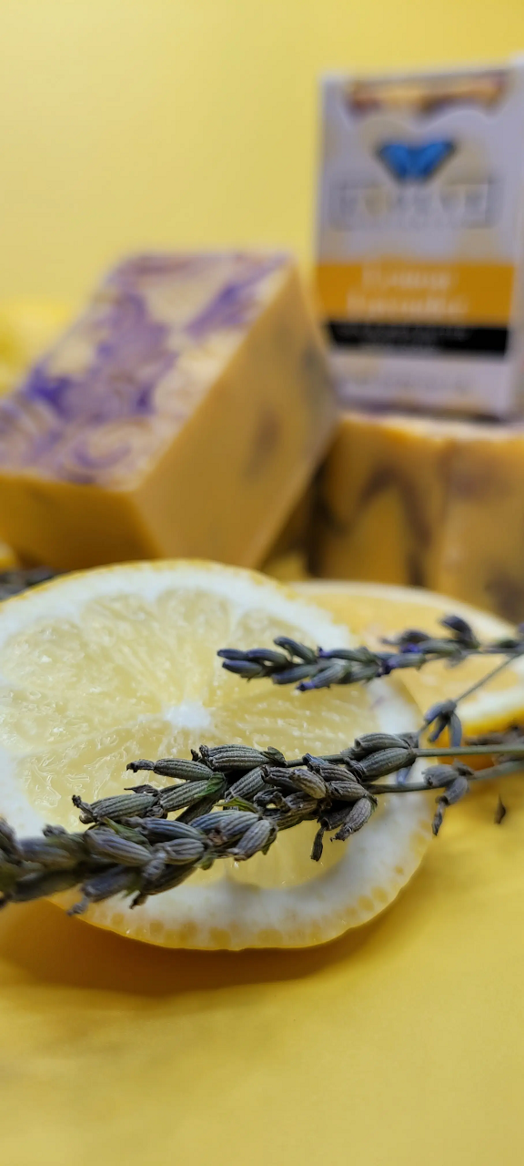 Lemon Lavender Silk soap bar with tussah silk fibers and shea butter, featuring a fresh lemon and lavender design.