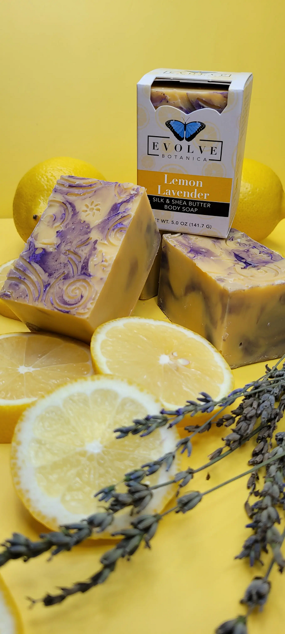 Lemon Lavender Silk soap bar with tussah silk fibers and shea butter, featuring a fresh lemon and lavender design.