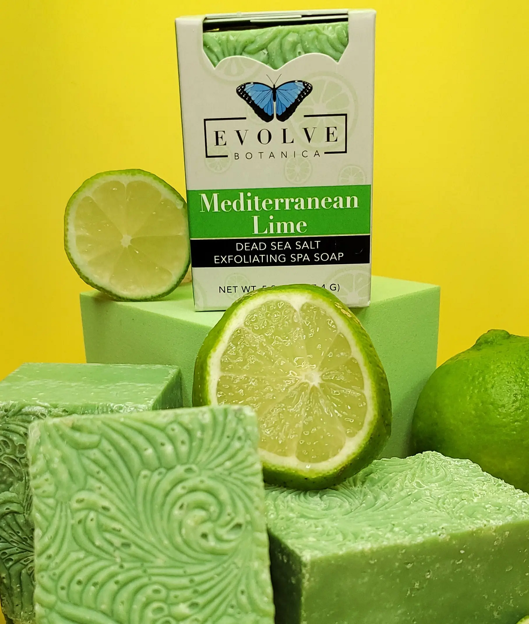 Mediterranean Lime Salt Bar soap with Himalayan pink salt, coconut oil, and essential oils, showcasing its creamy texture and vibrant colors.