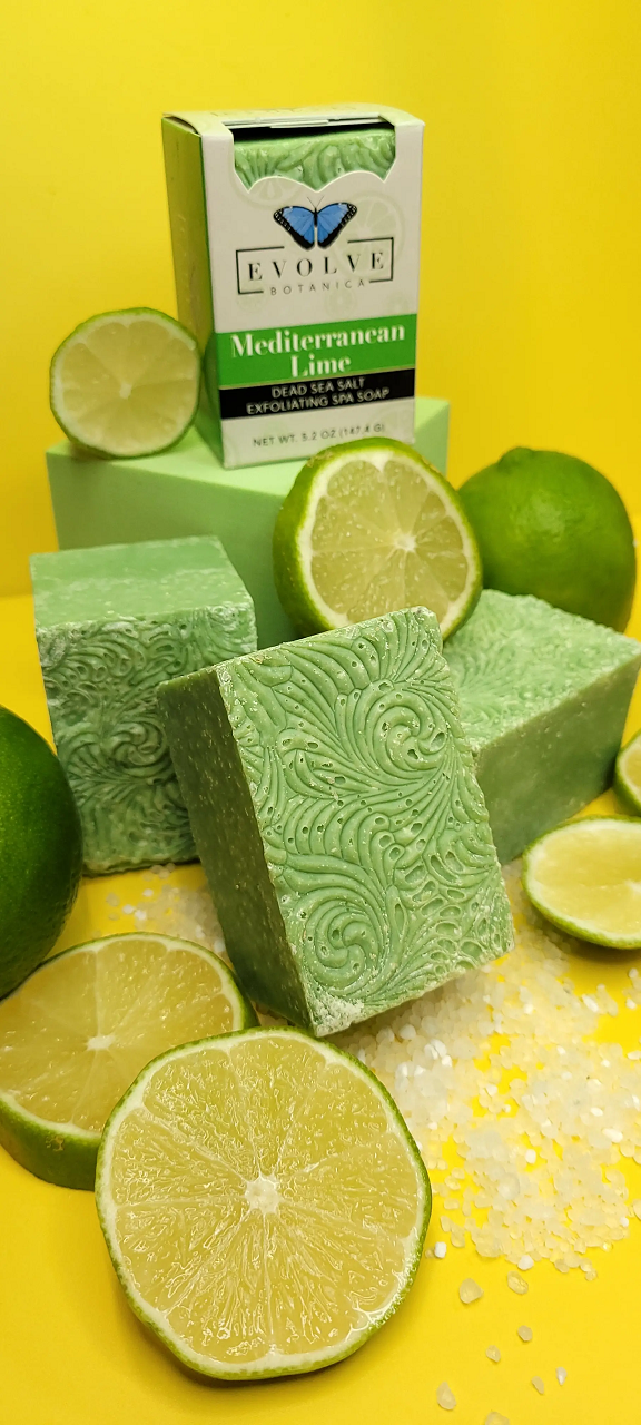 Mediterranean Lime Salt Bar soap with Himalayan pink salt, coconut oil, and essential oils, showcasing its creamy texture and vibrant colors.