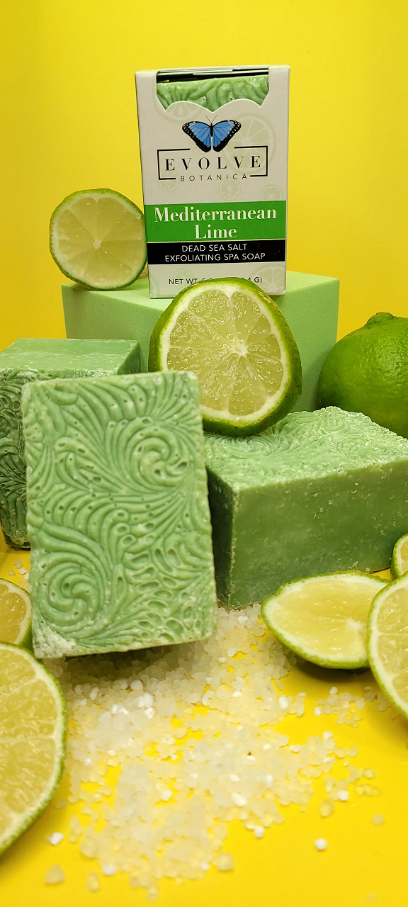 Mediterranean Lime Salt Bar soap with Himalayan pink salt, coconut oil, and essential oils, showcasing its creamy texture and vibrant colors.