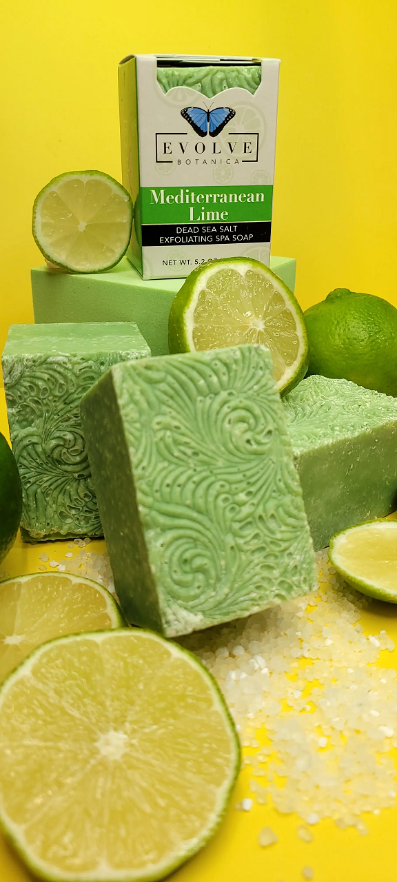 Mediterranean Lime Salt Bar soap with Himalayan pink salt, coconut oil, and essential oils, showcasing its creamy texture and vibrant colors.