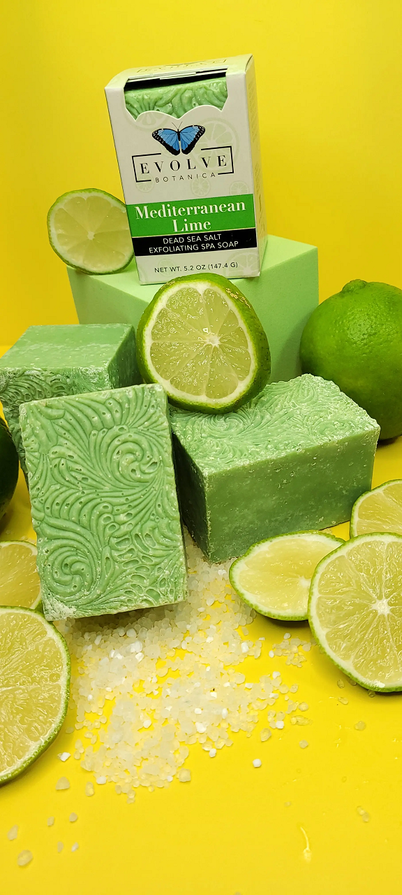 Mediterranean Lime Salt Bar soap with Himalayan pink salt, coconut oil, and essential oils, showcasing its creamy texture and vibrant colors.