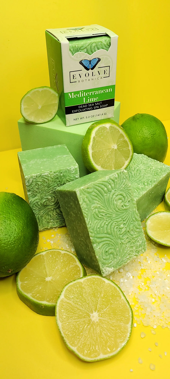 Mediterranean Lime Salt Bar soap with Himalayan pink salt, coconut oil, and essential oils, showcasing its creamy texture and vibrant colors.