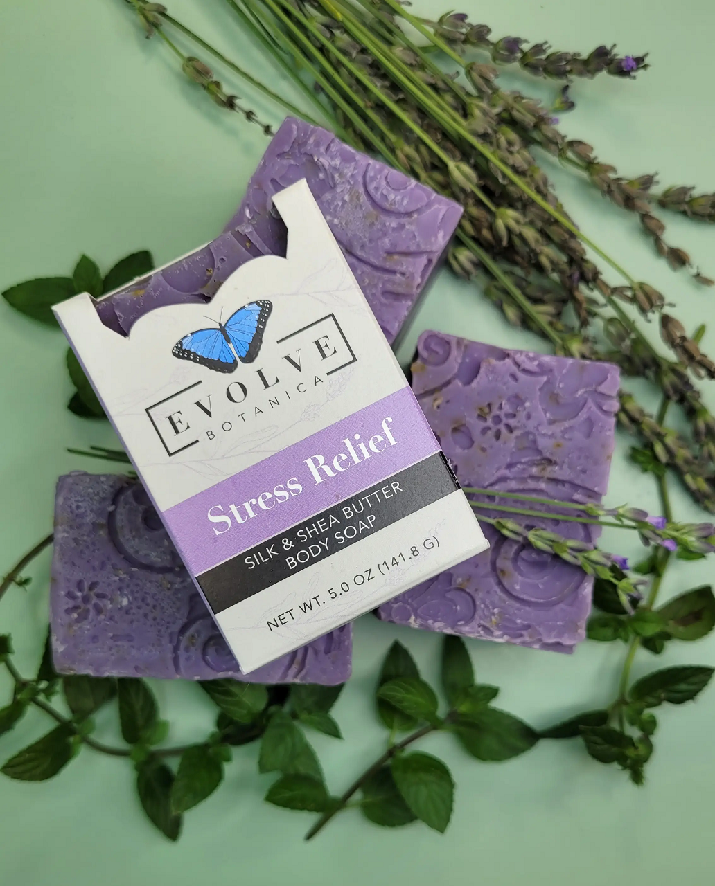 Specialty Soap - Stress Relief Silk with lavender and eucalyptus, showcasing its luxurious texture and natural ingredients.