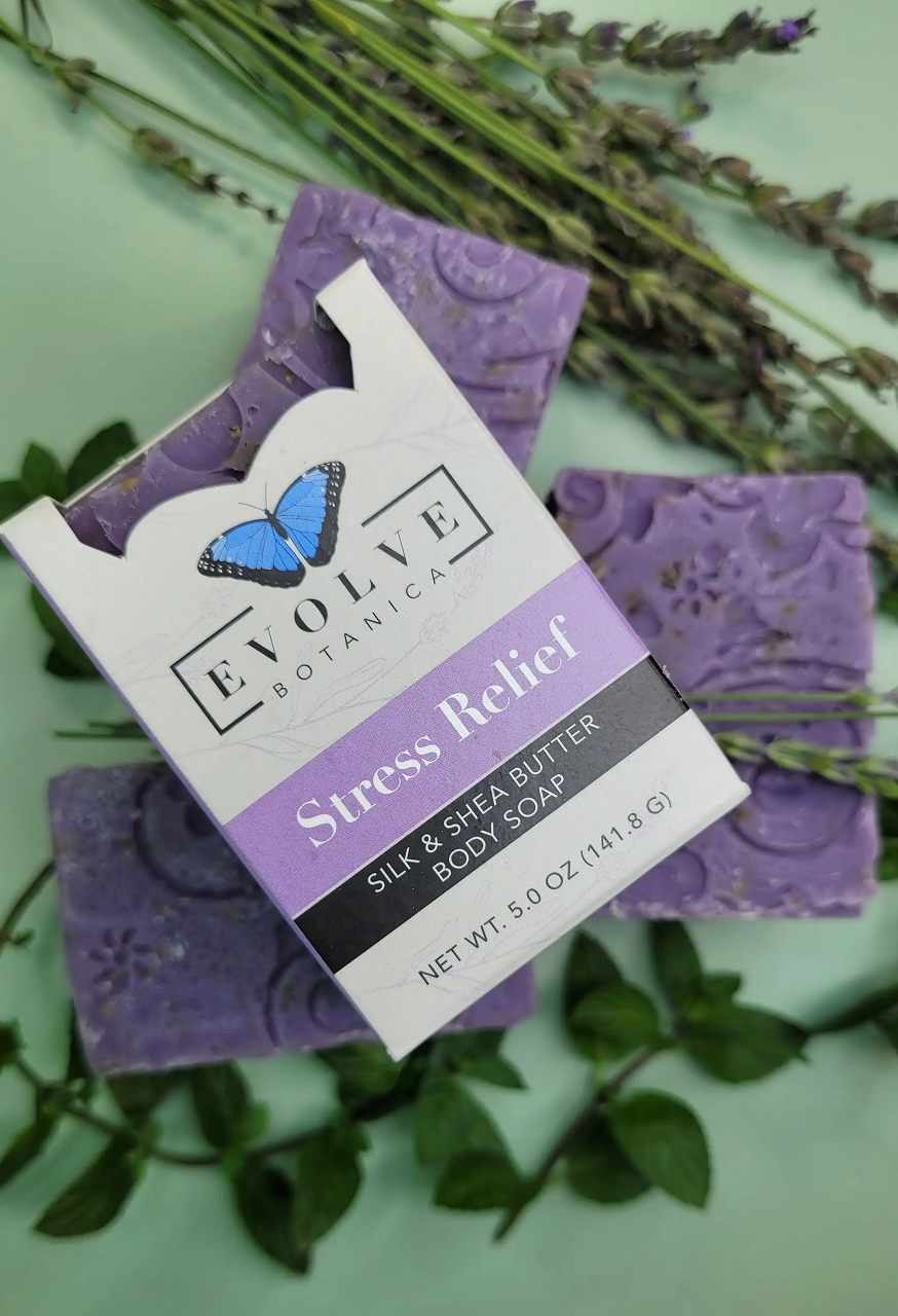 Specialty Soap - Stress Relief Silk with lavender and eucalyptus, showcasing its luxurious texture and natural ingredients.