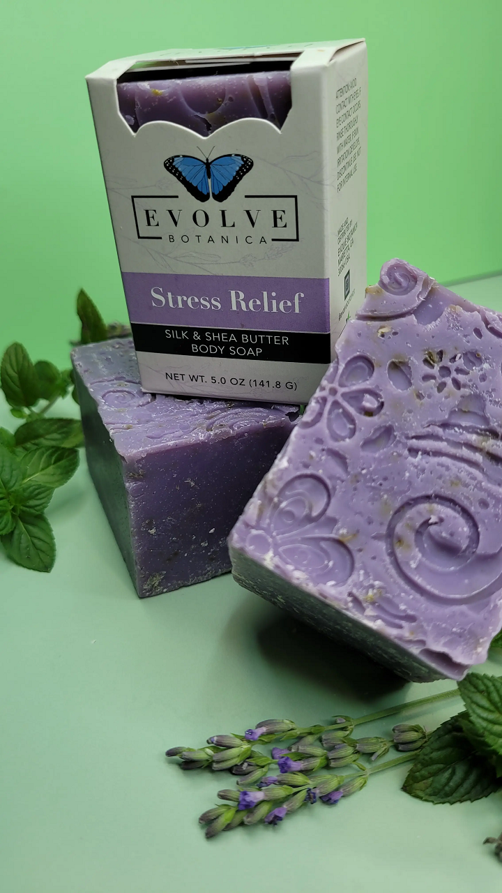 Specialty Soap - Stress Relief Silk with lavender and eucalyptus, showcasing its luxurious texture and natural ingredients.