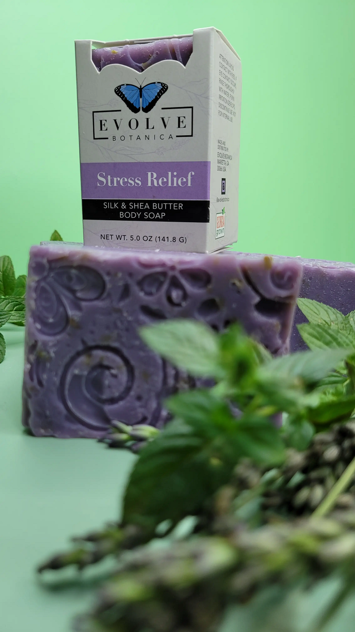 Specialty Soap - Stress Relief Silk with lavender and eucalyptus, showcasing its luxurious texture and natural ingredients.