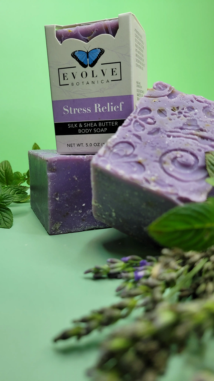 Specialty Soap - Stress Relief Silk with lavender and eucalyptus, showcasing its luxurious texture and natural ingredients.