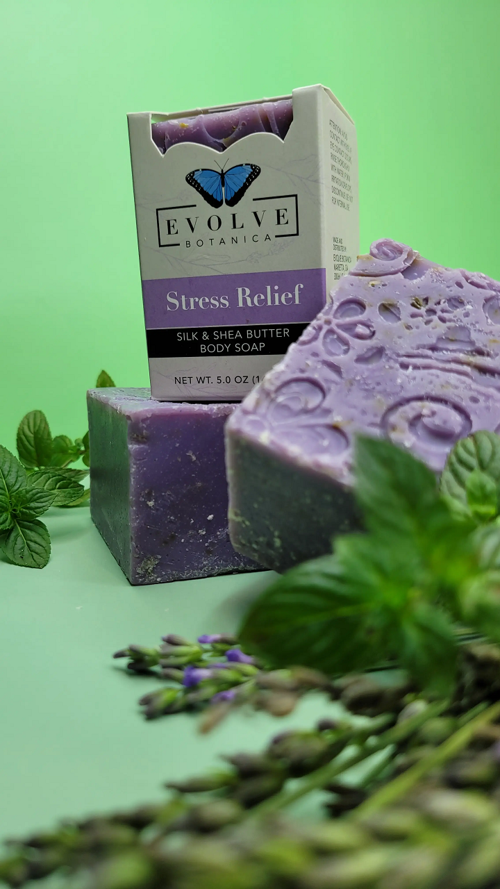 Specialty Soap - Stress Relief Silk with lavender and eucalyptus, showcasing its luxurious texture and natural ingredients.