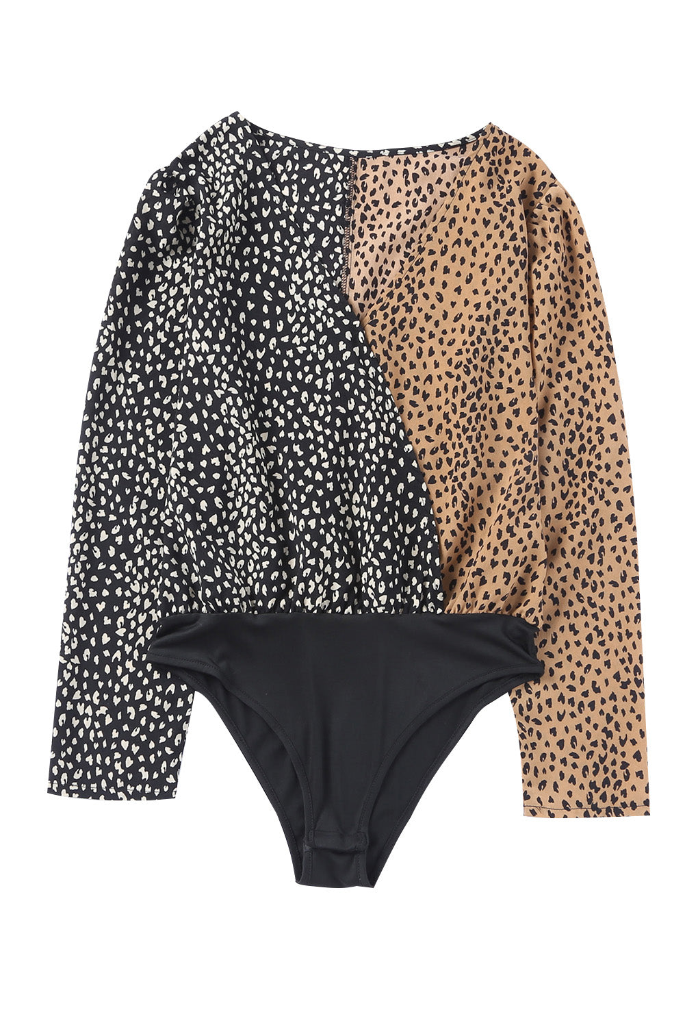 Spliced Leopard Print Wrap Long Sleeve Bodysuit featuring a stylish leopard print design and elegant wrap v-neckline.