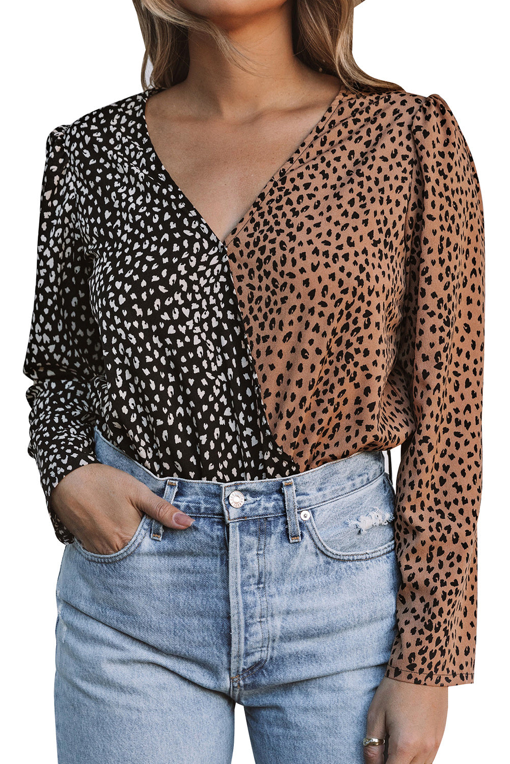 Spliced Leopard Print Wrap Long Sleeve Bodysuit featuring a stylish leopard print design and elegant wrap v-neckline.