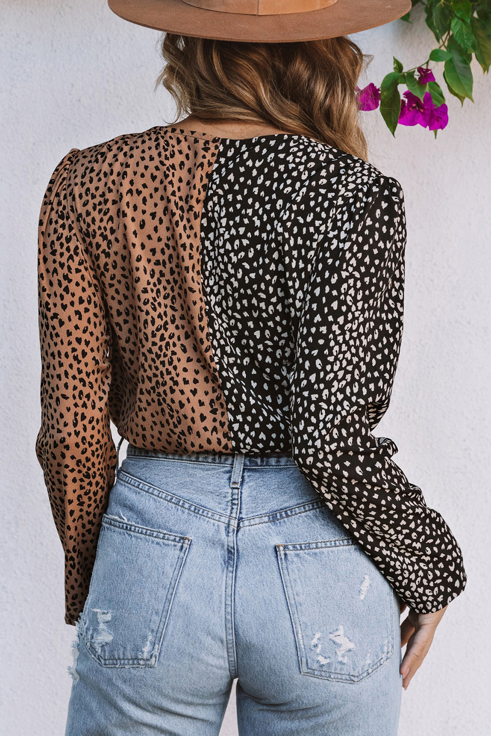 Spliced Leopard Print Wrap Long Sleeve Bodysuit featuring a stylish leopard print design and elegant wrap v-neckline.