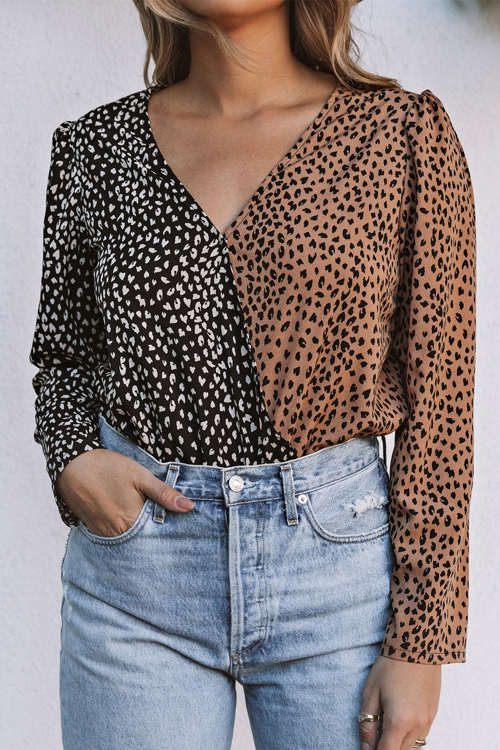 Spliced Leopard Print Wrap Long Sleeve Bodysuit featuring a stylish leopard print design and elegant wrap v-neckline.