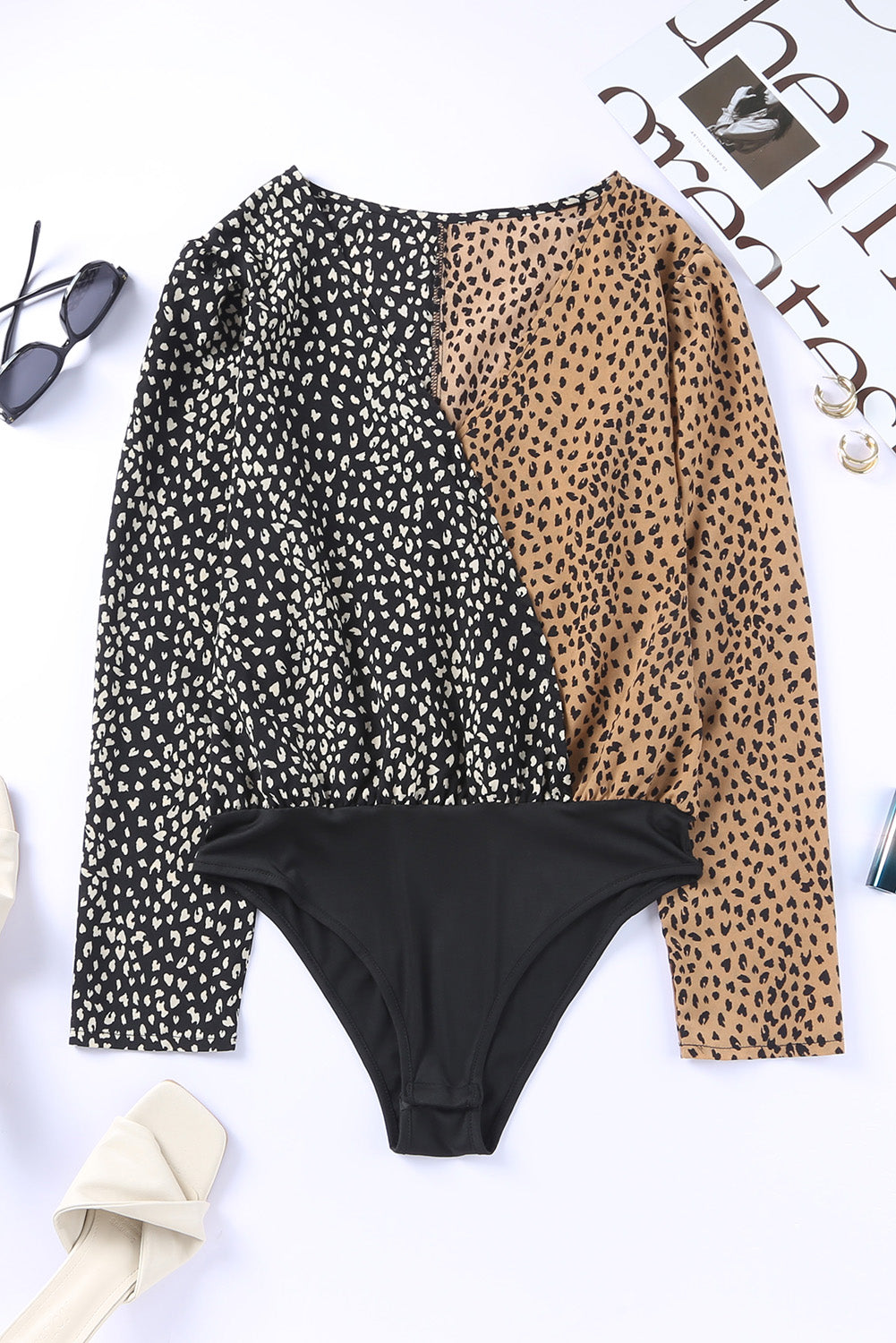 Spliced Leopard Print Wrap Long Sleeve Bodysuit featuring a stylish leopard print design and elegant wrap v-neckline.