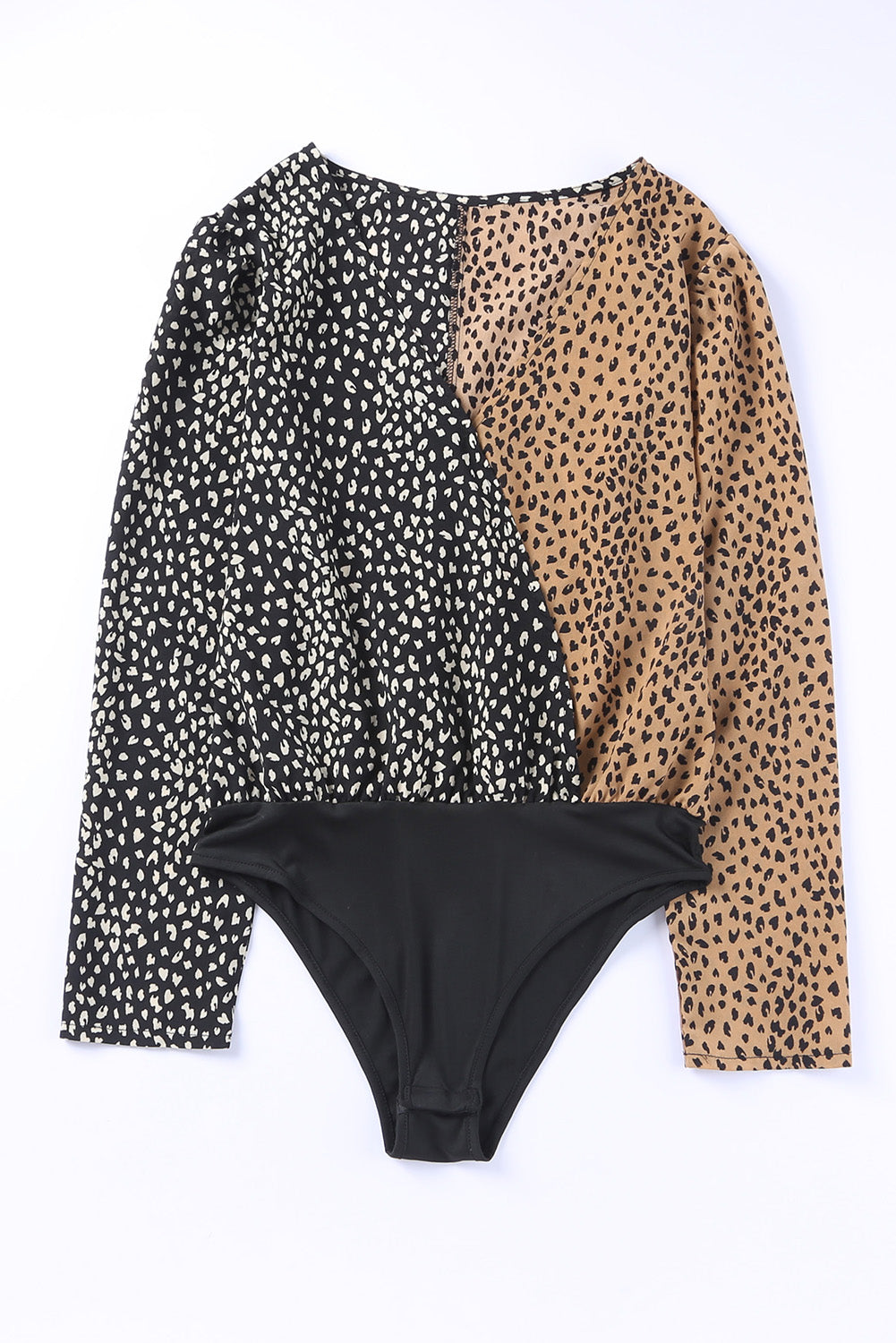 Spliced Leopard Print Wrap Long Sleeve Bodysuit featuring a stylish leopard print design and elegant wrap v-neckline.