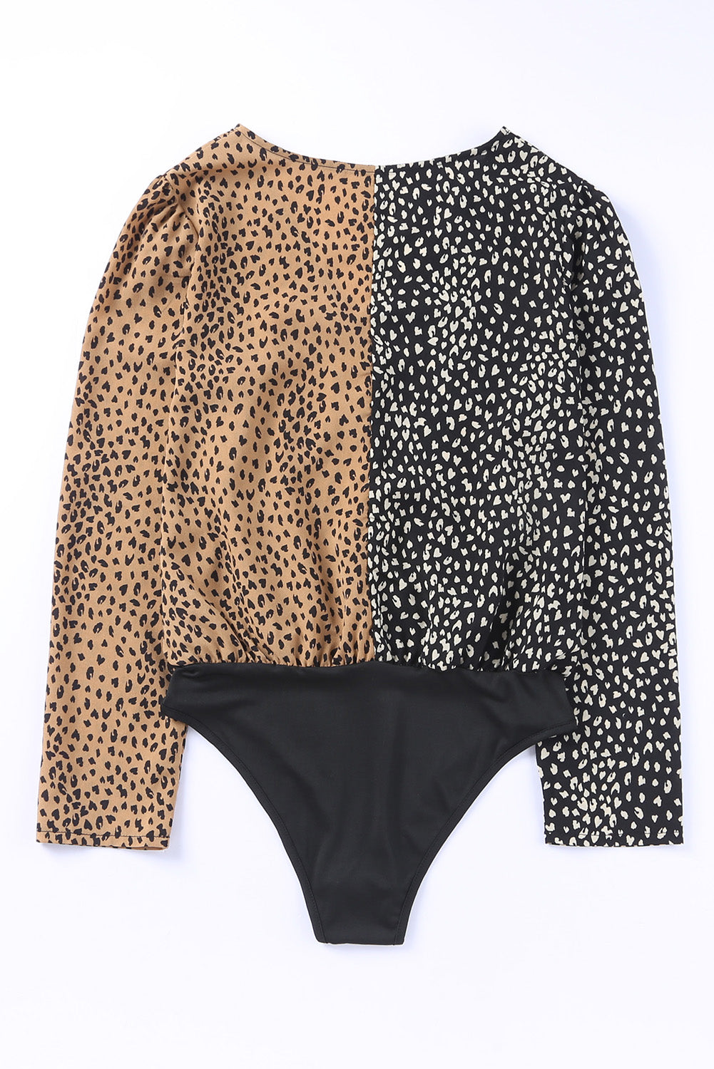 Spliced Leopard Print Wrap Long Sleeve Bodysuit featuring a stylish leopard print design and elegant wrap v-neckline.